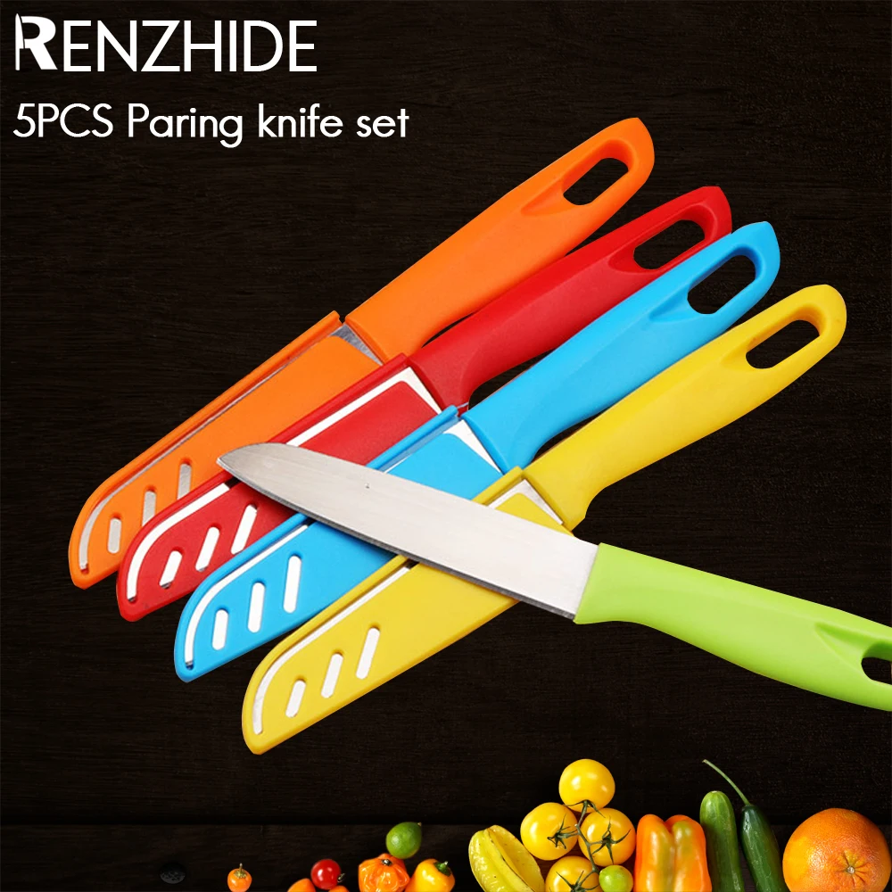 

RZD 5pcs Stainless Steel Paring Knife Set 4 INCH Fruit Vegetable Kitchen Chef Slicing Knives Sheath Cover Hiking Camping BBQ