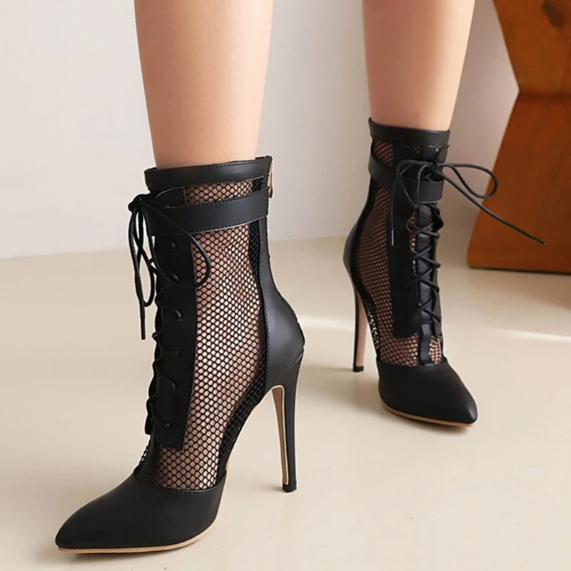 

Popular Summer Shoes Booty for Ladies Sexy Pointy Toe Lace Breathable Mesh Upper Shoes Women Ankle boots Thin High Heel Size 49