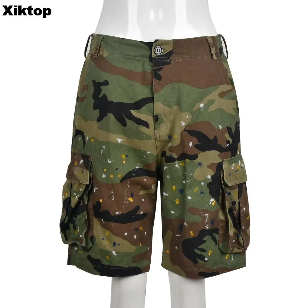 Xiktop Women Cargo Shorts Pants Camouflage Army Green Half Long Sexy Pockets Loose Summer Streetwear Outfits Shorts Wholesale