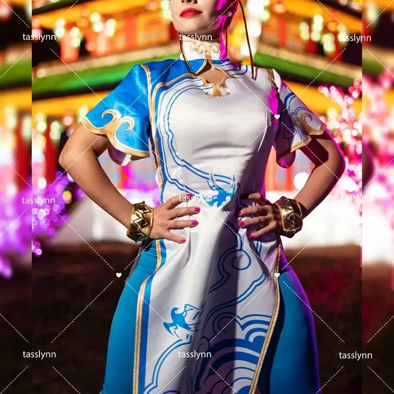 Игры костюмы для косплея Чунь ли на Хэллоуин ярко-голубое платье чонсам головной