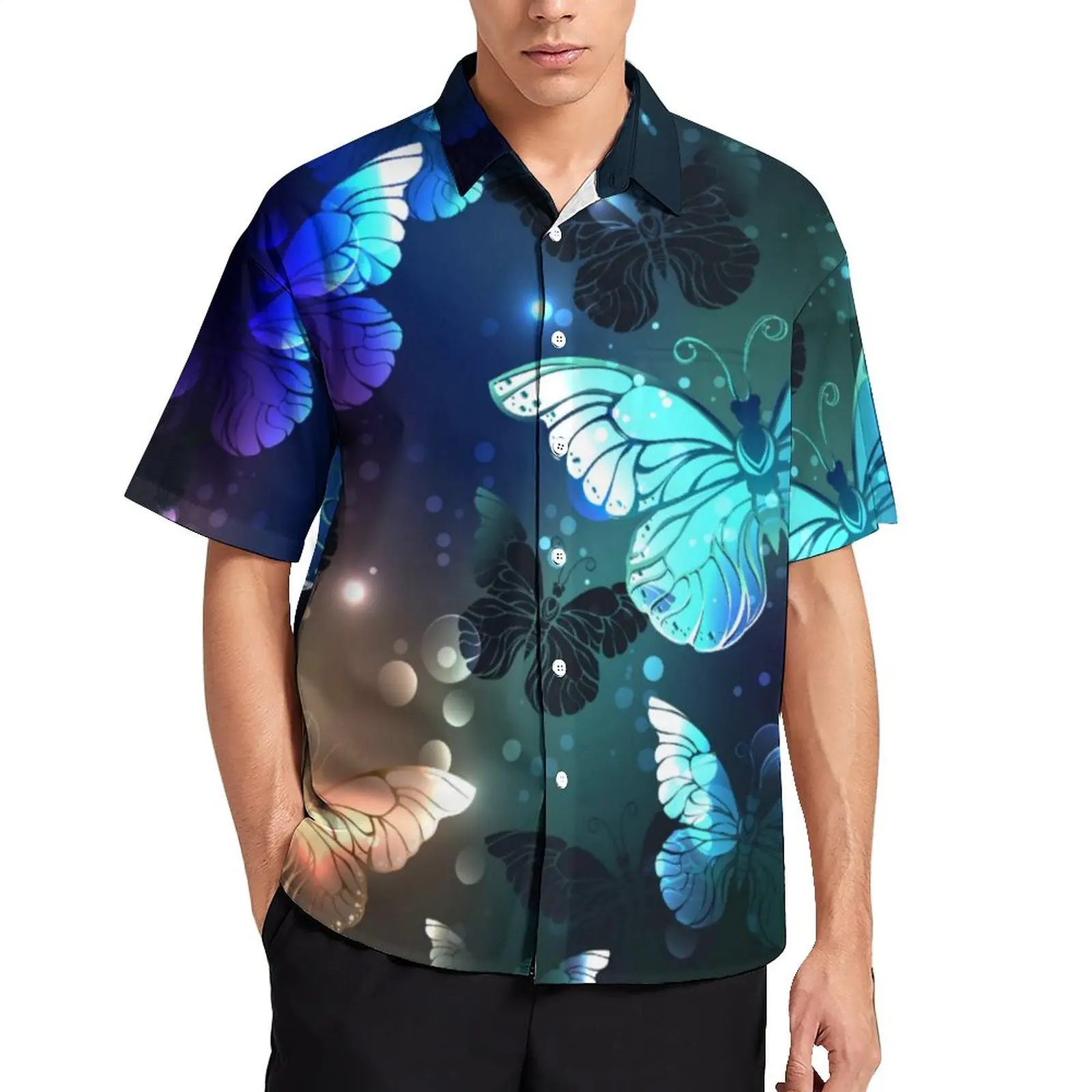 

Night Butterfly Loose Shirt Male Vacation Ombre Animal Print Casual Shirts Hawaii Custom Short-Sleeve Trending Oversized Blouses