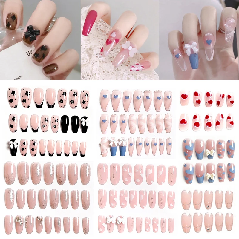 

24pcs/box 3D Sweet False Nails French Coffin Bow Heart Pattern Fake Nail Press On Nails Wearable Full Cover Manicure Nail Tips