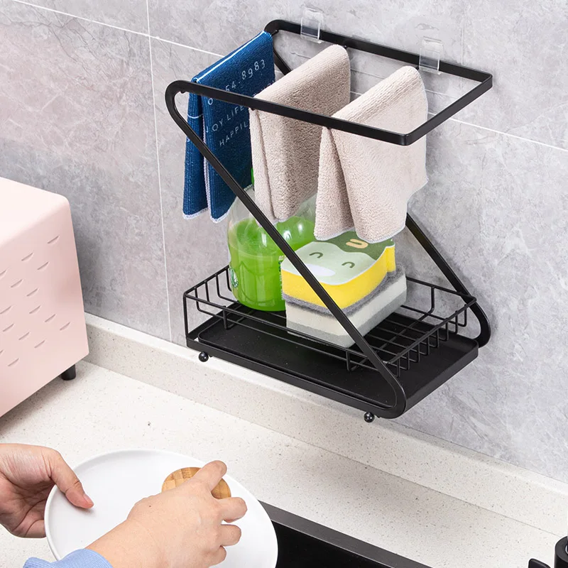 

Kitchen rack wall-mounted punch-free household storage artifact sink towel sponge sink rag drain rack