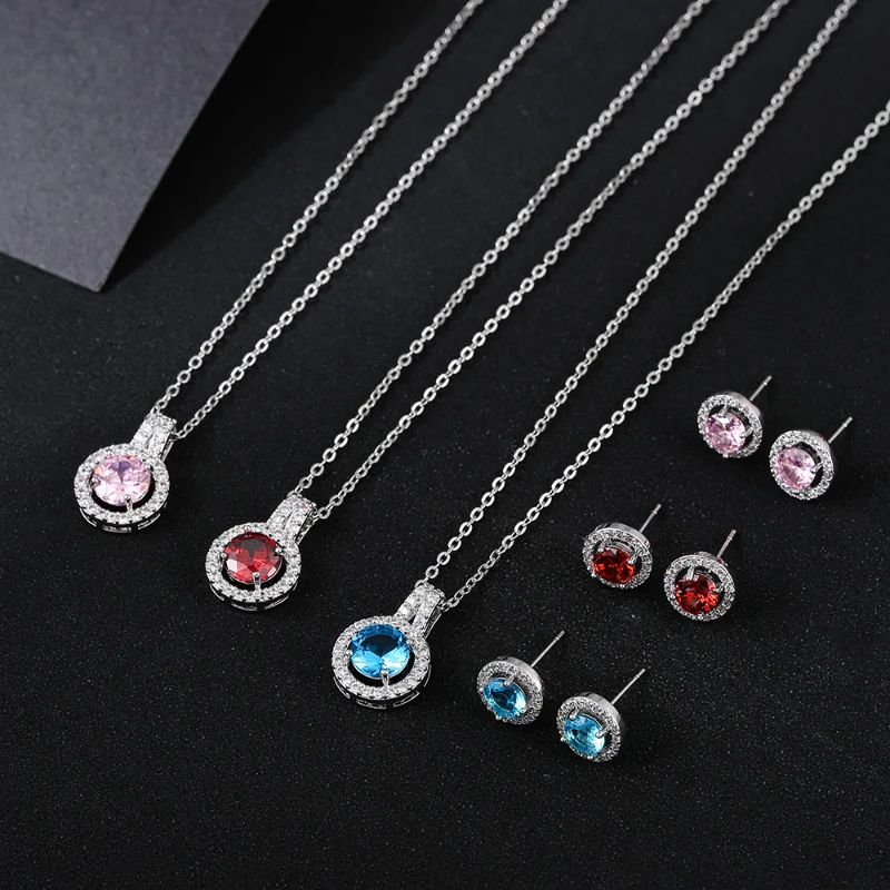 

Luxury Round Necklace Earrings Women Jewelry Set Gold Inlaid Cubic Zirconia Europe and The United States Hot New Accessories