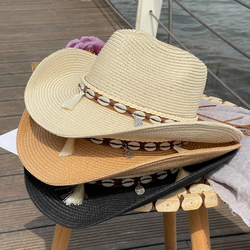 

Shell Fringe Cowgirl Sun Hat Summer Straw Hat Ladies Men's Western Cowboy Hat Ladies Fashion Braided Sunscreen Sunshade BeachHat