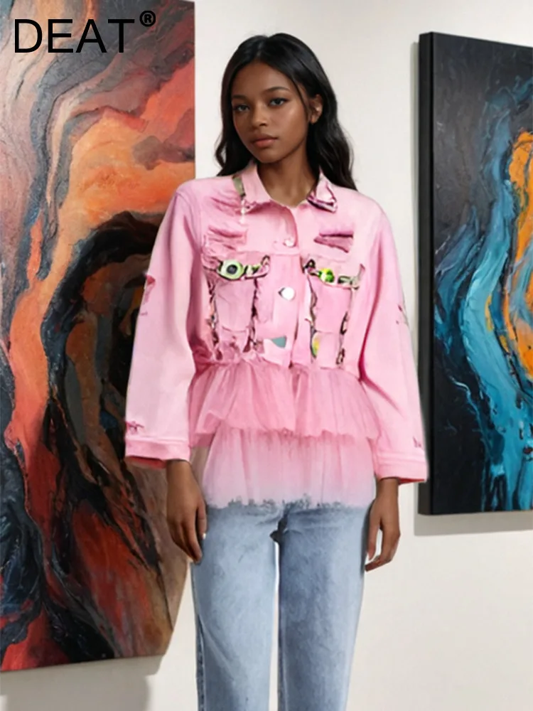 Женская джинсовая куртка с отложным воротником DEAT трендовая сетчатая из денима