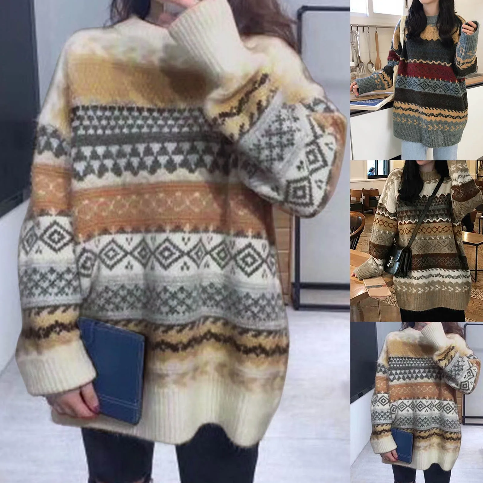 Винтажные свитера женские пуловеры зимние полосатые джемперы свободный пуловер