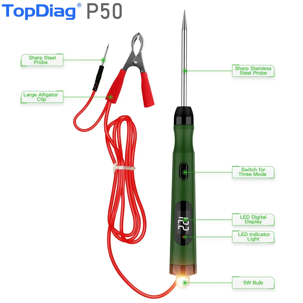 

JDiag P50 5 В-30 В автомобильный тестер электрических цепей, зонд, цифровой дисплей, тестовая ручка, тестер автомобильных цепей, лампа, ручка для проверки напряжения