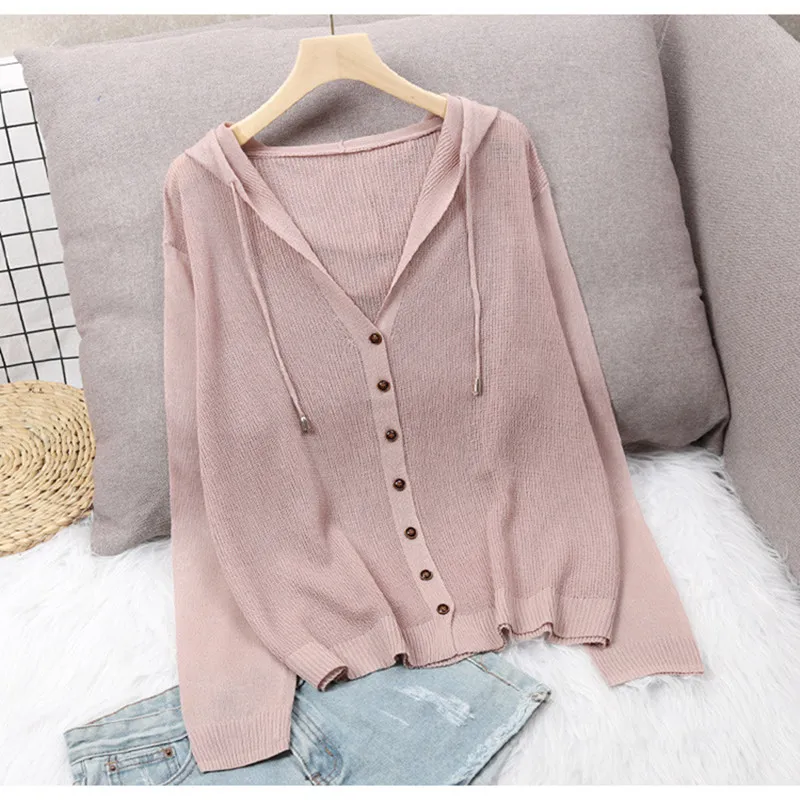 

2022 new delivery Long sleeve knitwear cardigan sweater young girl students summer viscose Hollowed thin Hooded coat