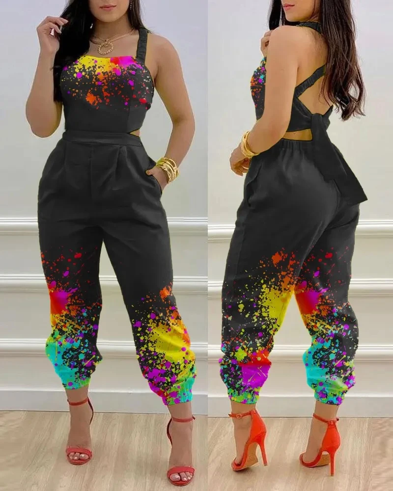 

Ink Splash Print Criss Cross Tied Detail Backless Jumpsuit