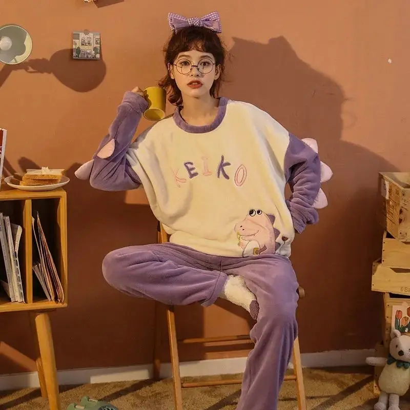 QWEEK Pajamas for Women Kawaii Dinosaur Flannel Pijamas Two Piece Set Winter Home Clothes Sleepwear Nightwear Cute Pyjamas