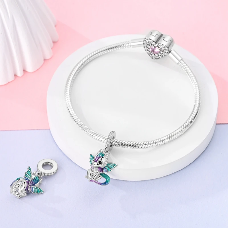 Красочные стерлингового серебра 925 пробы милый огненный дракон висячие подвески