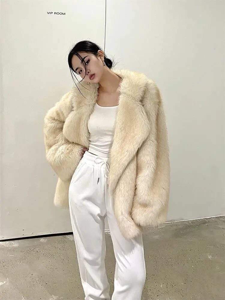 Imitation Fox Fur Coat Women Clothes Long Lapels Loose Plush Coat Solid Cardigan Thick Warm Fur Winter Office Lady Jackets Loose