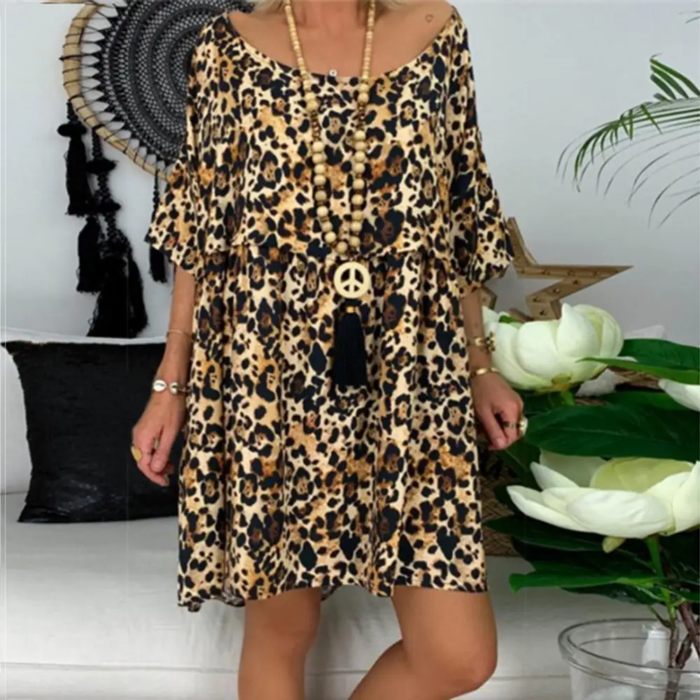 

Women Summer Dress Boho Style Plus Size Women Fashion Floral Print O Neck Elbow Sleeve Summer Loose Mini Party Dress Beach Dress