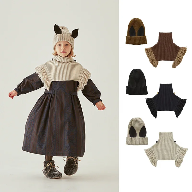 

Children's Sleeveless Short Sweater 22 Winter Boy Girl Rabbit Pointed Ears Wool Hat Tassel Pullover Shawl Knitted Hat Scarf Sets