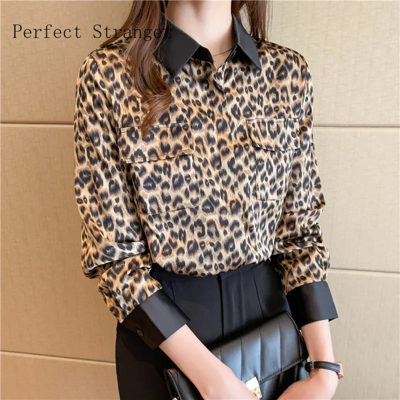 

2021 Spring Autumn New Arrival Hot Sale Leopard Printed Turn-down Collar Long Sleeve Women Chiffon Blouse High Quality