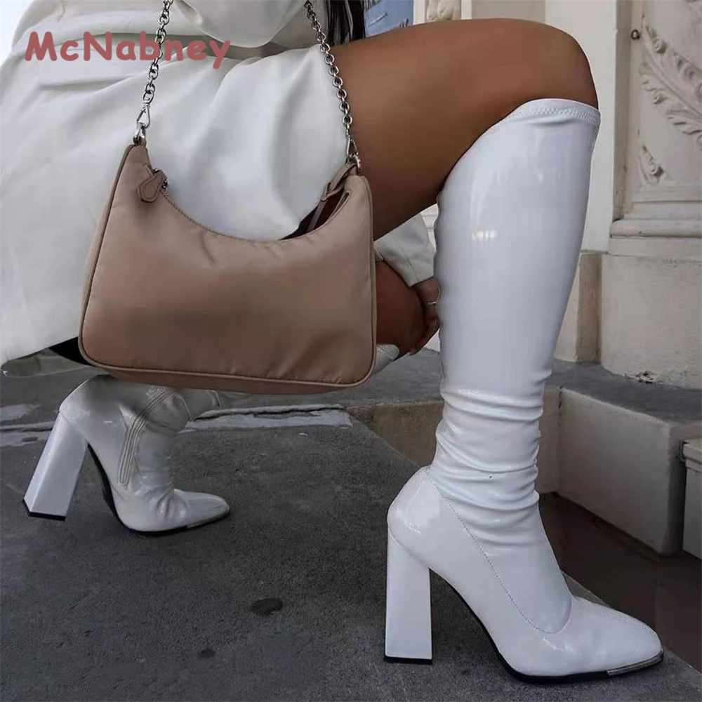 Women Boots Knee-High Classic Square Toe Boots Zip Boots Party Dress Dance Shoes PU Shiny Leather Chunky High-Heeled Boots