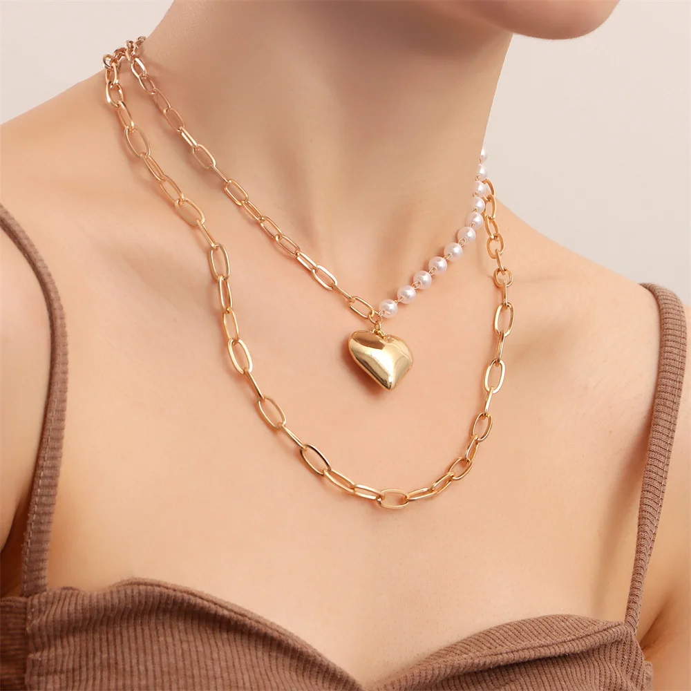 

Trendy Dazzling Punk Double Geometric Heart Pendant Imitation Pearl Necklace Female Ins Style For Women Jewelry Gifts