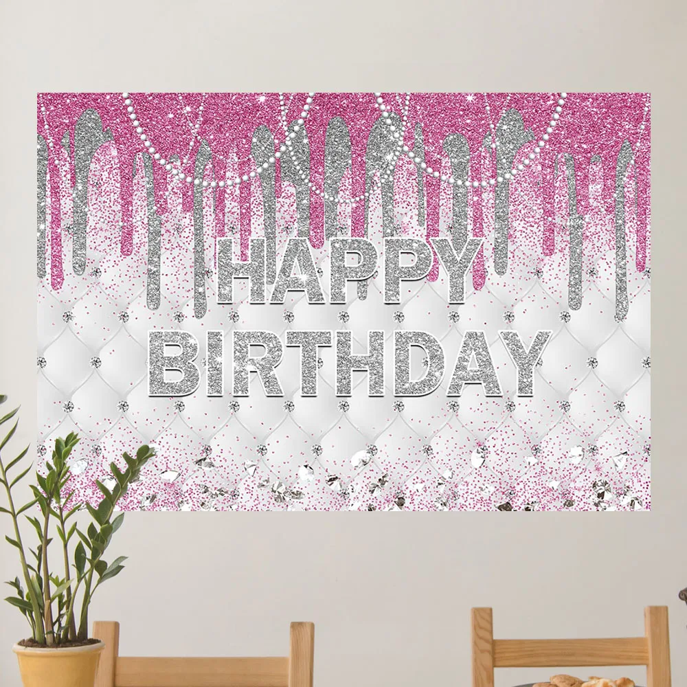 Розовый блестящий фон с днем рождения серебристый в горошек бриллиантами для