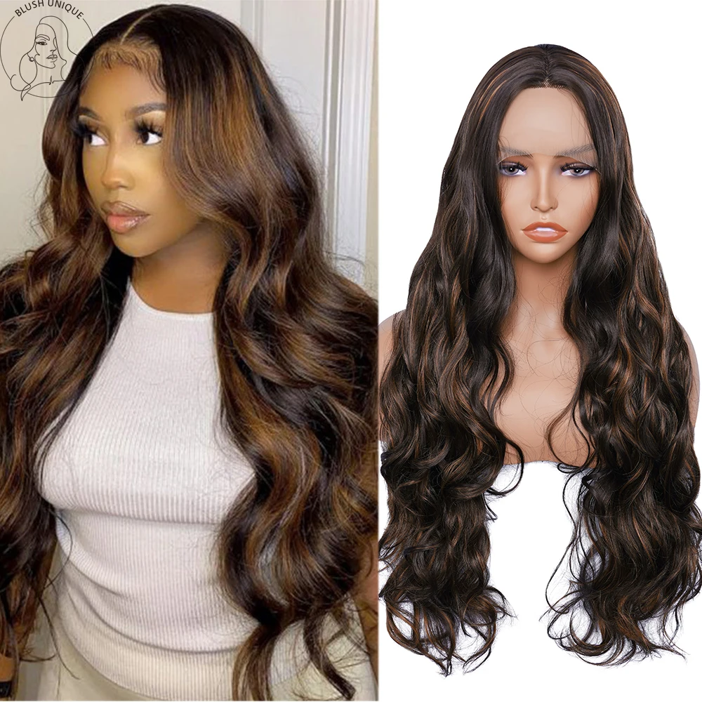

Highlight Ombre Lace Front Wigs For Black Woman Chocolate Brown Synthetic Body Wave Lace Frontal Wig Pre Plucked With Baby Hair