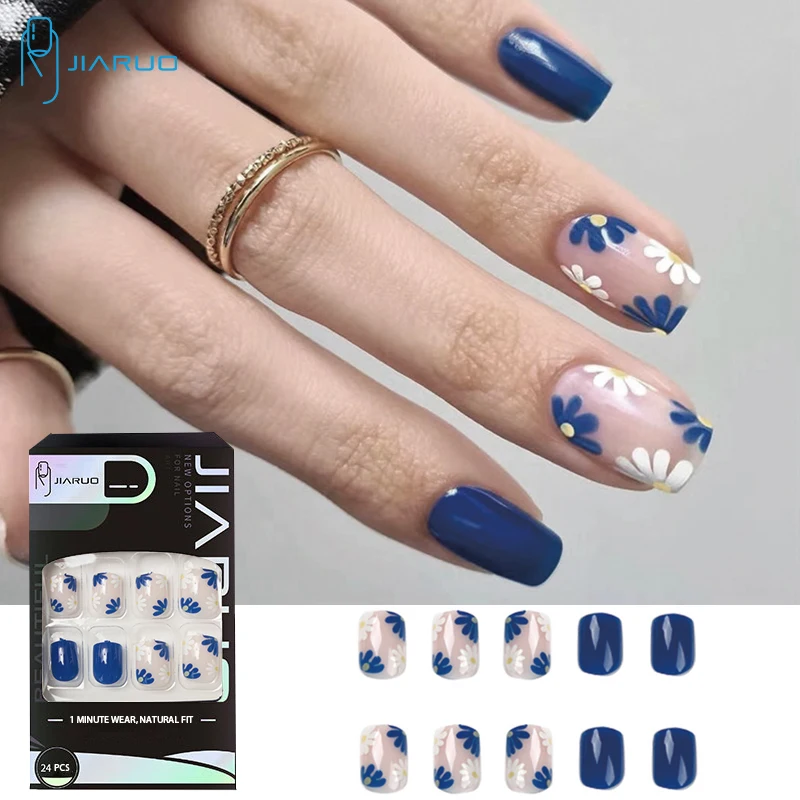 

JIARUO 24 шт./коркор. короткий квадратный пресс на ногти искусственный дизайн ногтей Y2k синий белый флорет патч для ногтей готовый продукт гладк...