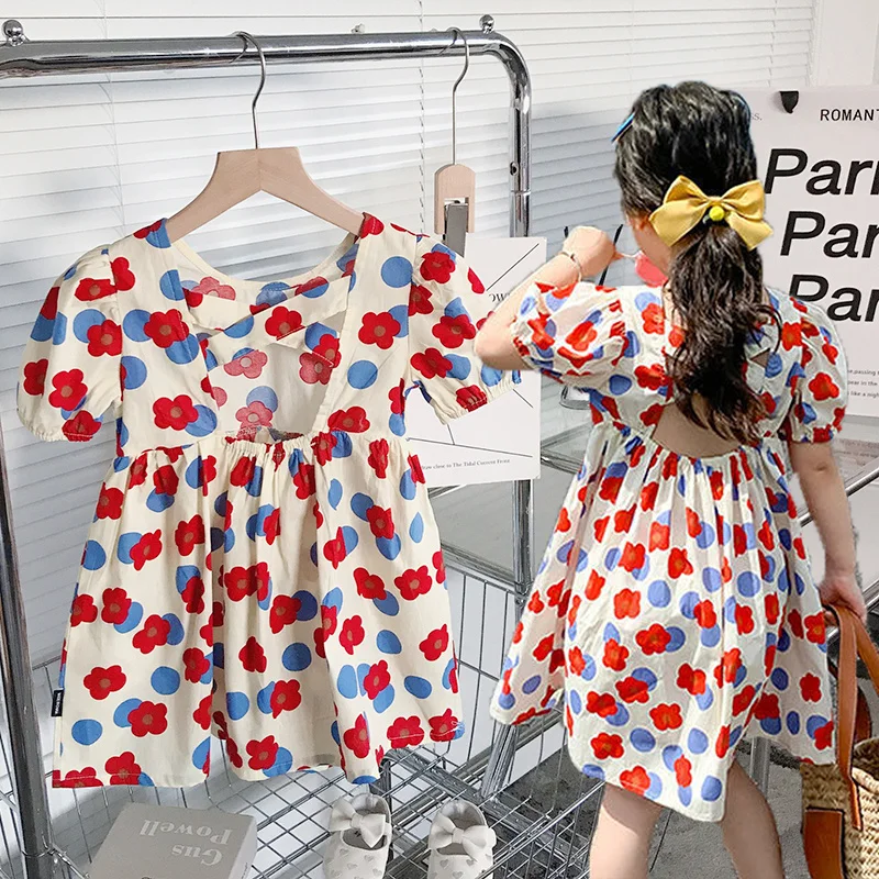 

Новинка 2022, модные платья для девочек, Мягкое хлопковое платье с цветочным принтом, детская одежда с открытой спиной и бантом, красное, зелен...