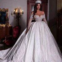 princess ball gown wedding dress off shoulder long sleeves appliques lace sequins ruffles bridal gowns plus size robe de mari%c3%a9e