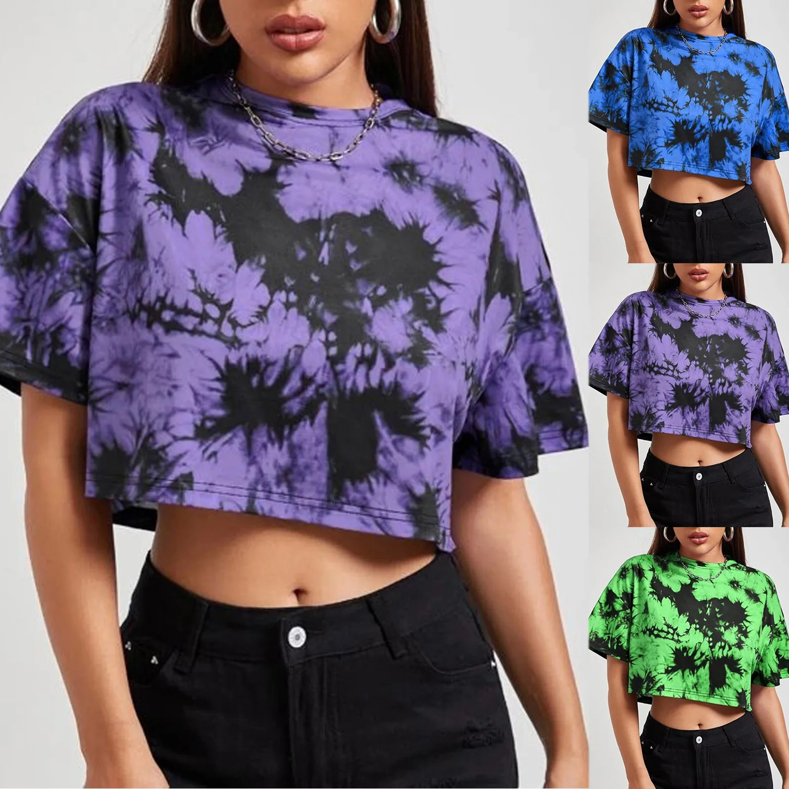 

Дамские блузки, футболки с круглым вырезом, модная футболка с принтом Tie Dye, удобная одежда, повседневная рубашка, топы, Однотонная футболка д...