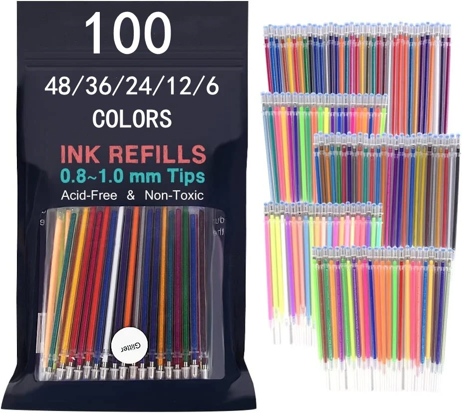 

100/48/36/24/12 Colors Gel Pen Refills - Glitter Metallic Pastel Fluorescence Neon, Pen Ink Refills for Adult Coloring Books