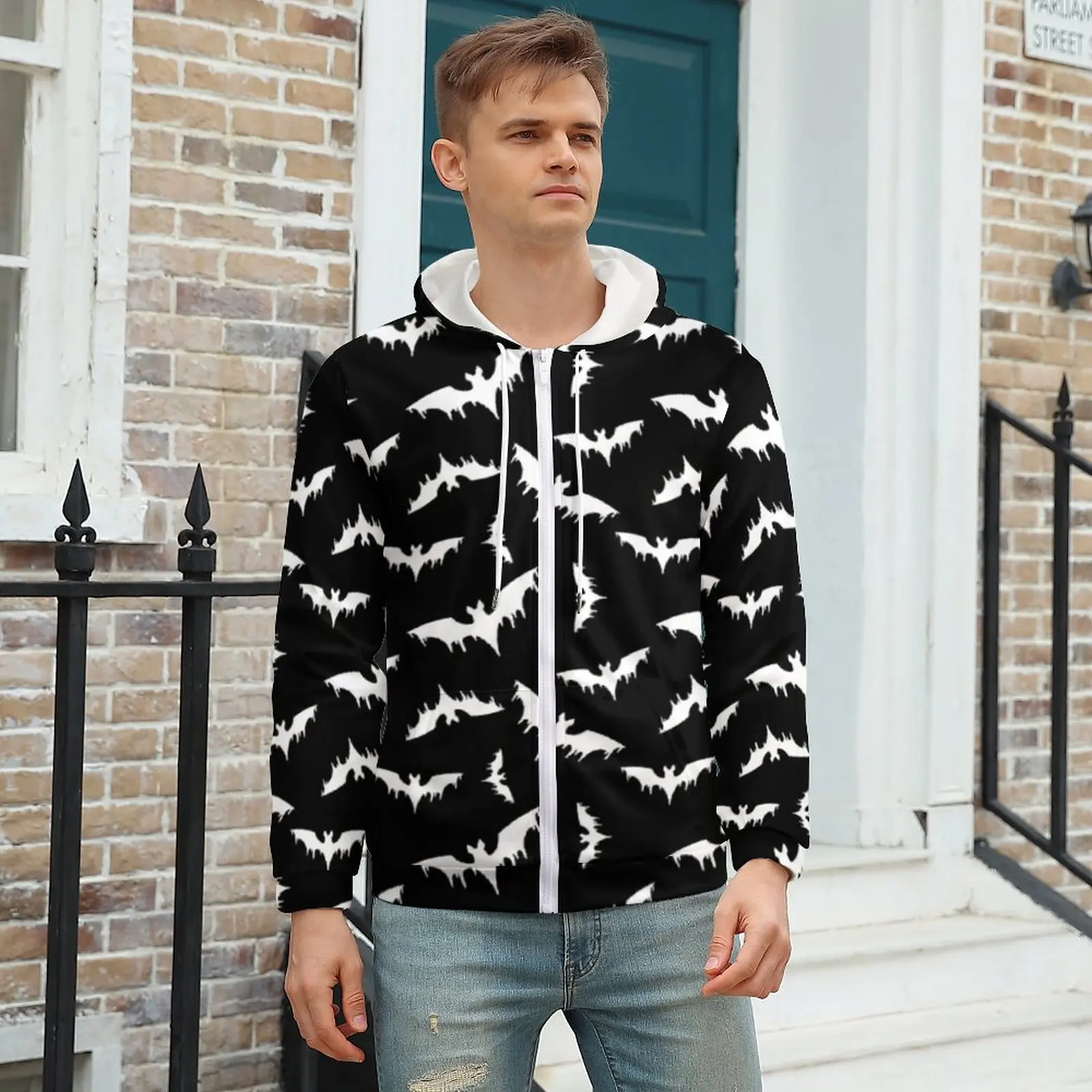 

White Bats Print Zipper Hoodies Funny Animal Elegant Hoodie Couple Long Sleeve Oversize Street Style Graphic Casual Sweatshirts