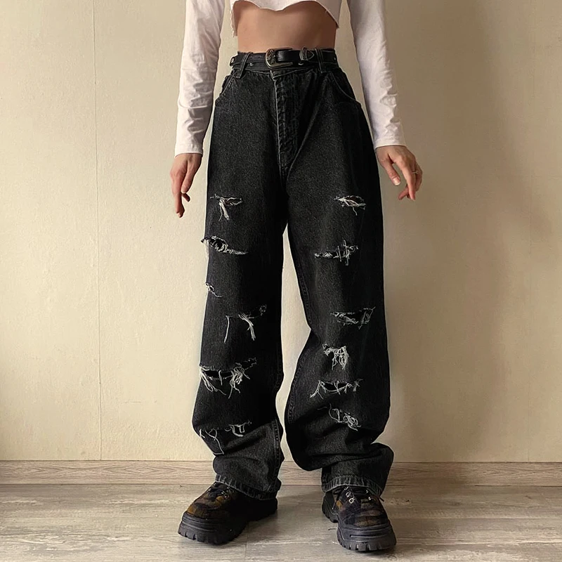 

Корейские модные мешковатые джинсы WeiYao для мам, женские брюки-карго в стиле хиппи с высокой талией и дырками, уличные готические джинсовые брюки черного цвета