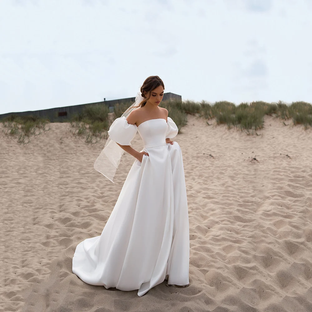 

UETEEY Simple Strapless Wedding Dress Glamorous A-line Satin Off-the-shoulder With Pockets Lace-up Front Side Bridal Gowns