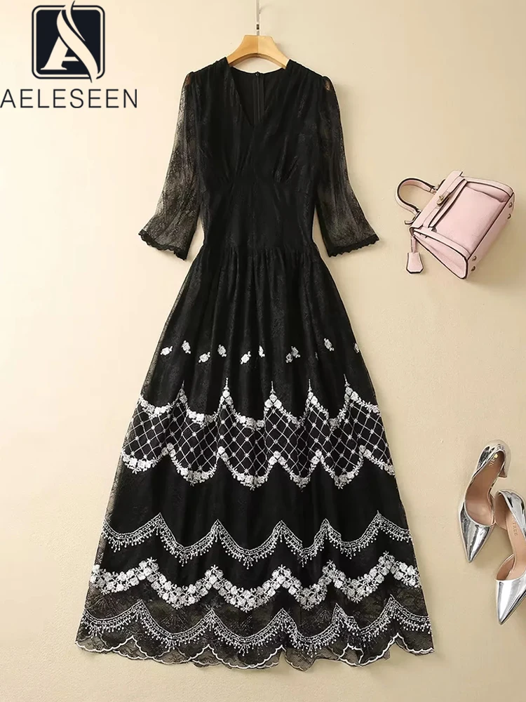 

AELESEEN Runway Fashion Women Maxi Dress Spring Summer Black Beige V-Neck Half Sleeve Flower Embroidery Beading Pearls Ruffles