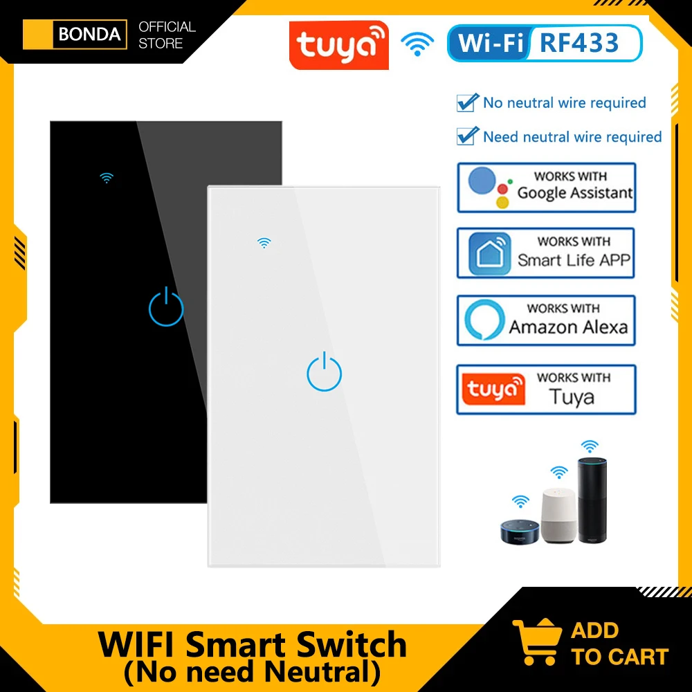 

BONDA Smart Switch No Need Neutral RF433 EU/US/Brazil Tuya Smart Life Work with Alexa Google Home WiFi Touch Switches 110V 220V