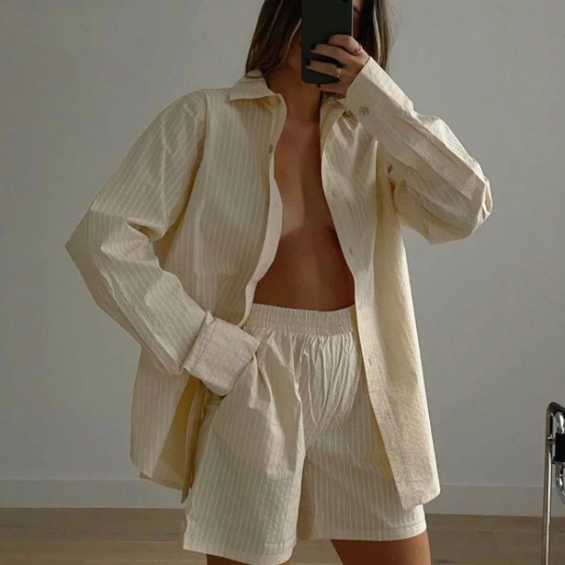 Women's Casual Stripe Home Clothes Long Sleeve Shirt Tops and Loose High Waisted Mini Shorts Pyjamas Two Piece Set Pajamas