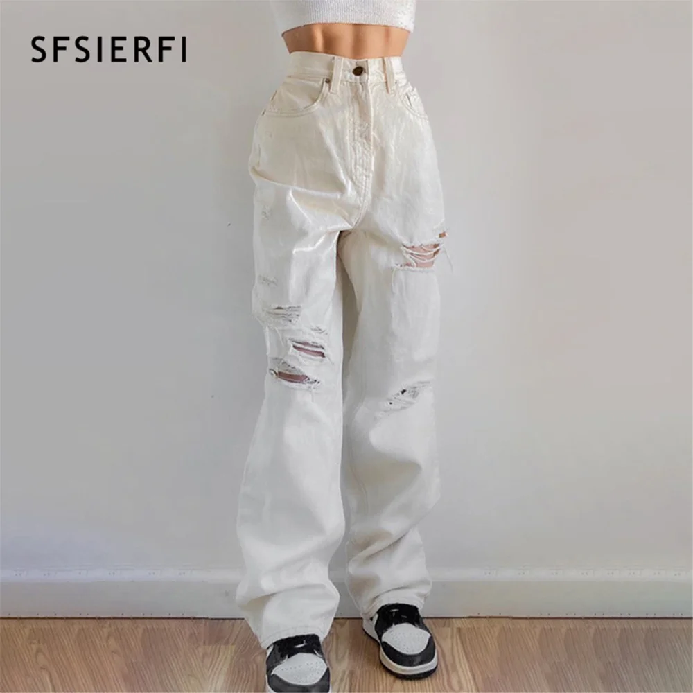 

SFSIERFI Streetwear Ripped Woman's Vintage Distressed Jeans Hole Hip Hop High Waist Straight Pants Baggy Jean Denim Trousers Hot