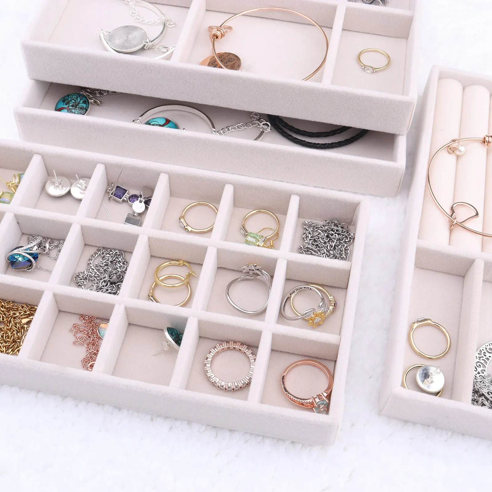Jewelry Organizer Velvet Jewelry Storage Tray Display Ring Bracelet  Necklace Storage Box Showcase Drawer Organizer Trays
