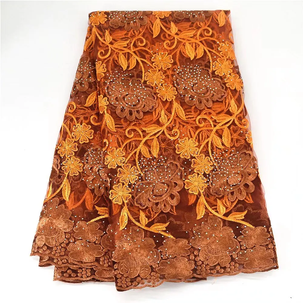 

Burnt Orange New Arrival Fashion African Tulle Embroidered Milk Silk Lace Fabric with Stones for Wedding Party Dress XG04