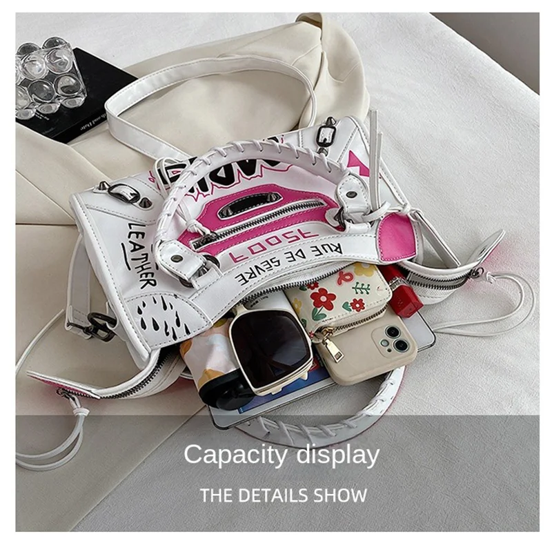 Women's motorcycle style Satchel Women's Patchwork Color Handbag Fashion Graffiti Crossbody Bag Women's Casual Bag