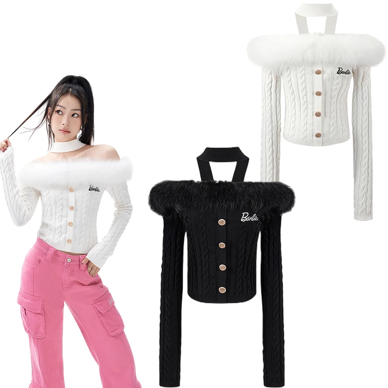 

2022 Underpass X Barbie Pure Desire Hot Girl Real Wool Halter Cable One-Shoulder Knit Top Sexy Y2K Girls Sweater Fashion Tops