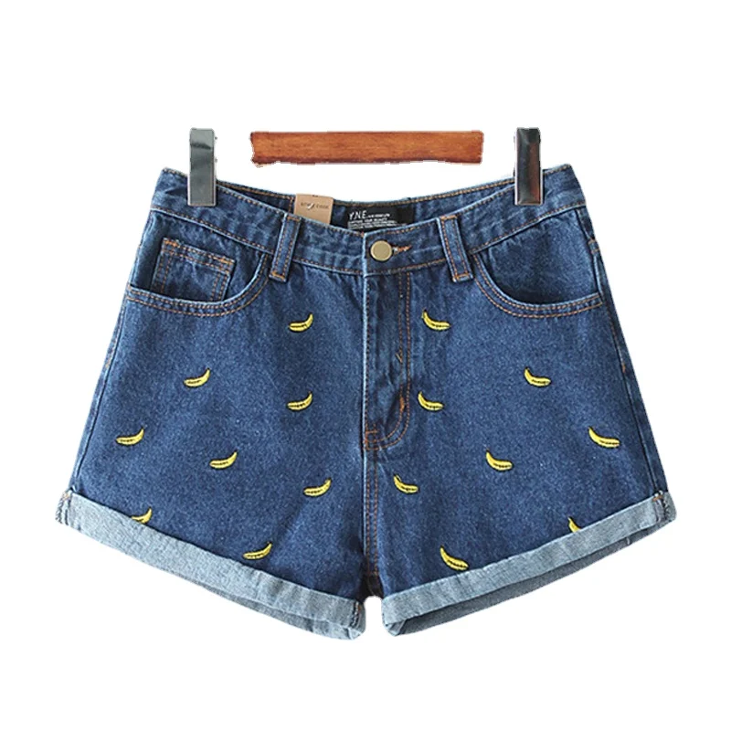 

SLLSKY Summer New Banana Flower Embroidery Denim Shorts Women curling Loose High Wiast Female Shorts Casual Ladies Jeans Shorts