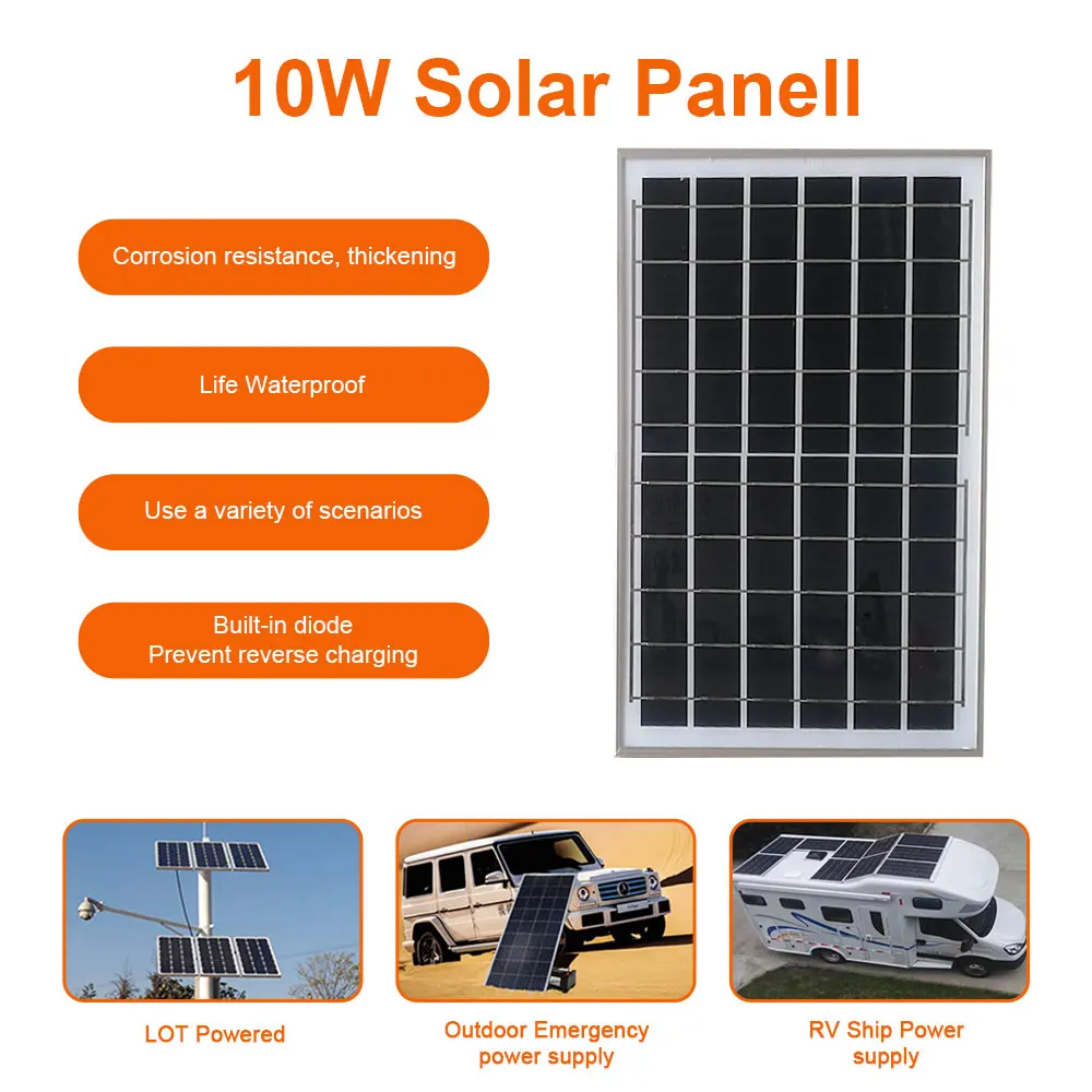 

10W Solar Panel 6V Polycrystalline Photovoltaic System Outdoor Charging Board For Phone RV Car Charger Outdoor Battery Supply