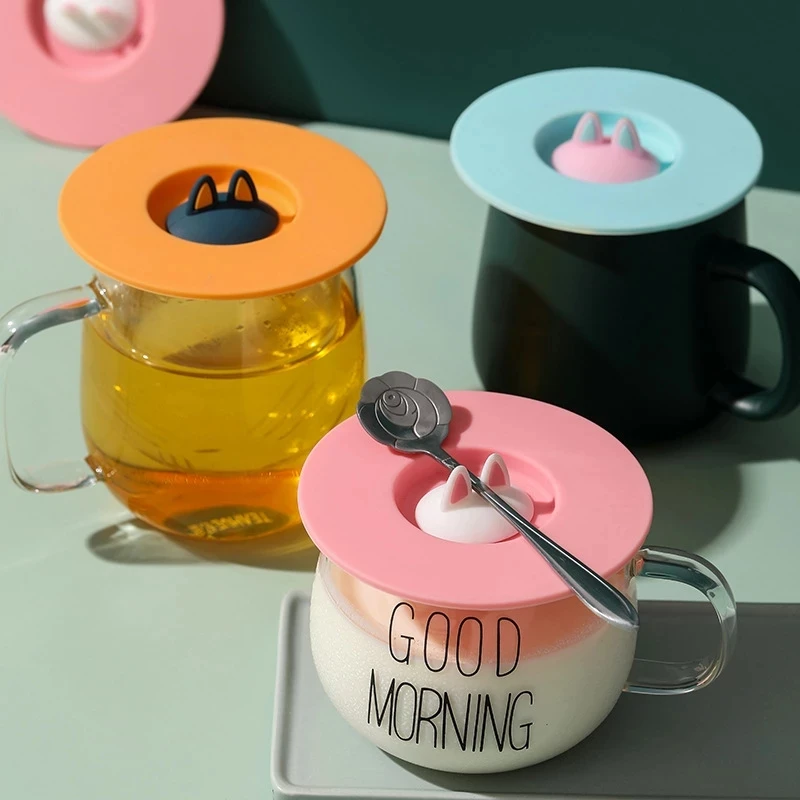 

Reusable Silicone Cup Cover Cute Cat Ear Seal Suction Cup Cover Dustproof Leakproof Tea Coffee Lids Cap Cup Accessories