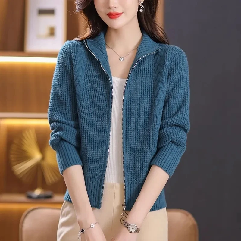 Женский вязаный кардиган на двойной молнии свободный свитер-пальто в Корейском