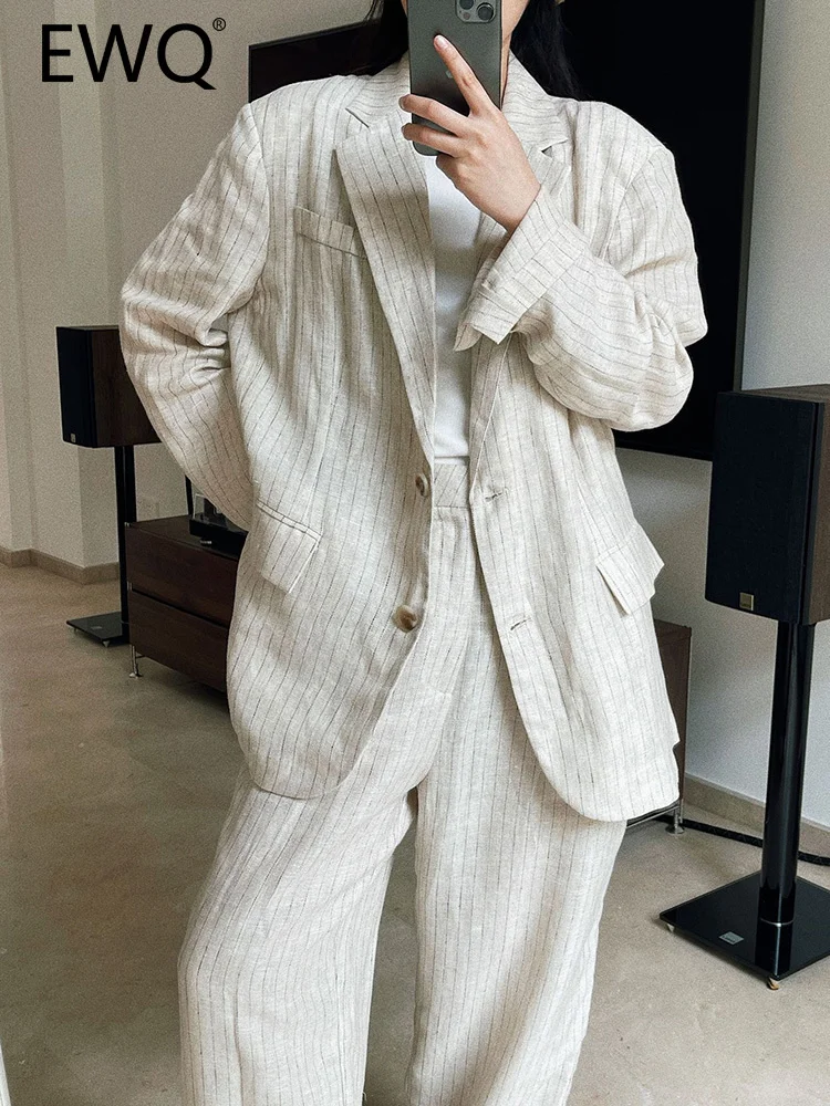 EWQ Striped Blazer Women Notched Singe Breasted Thin Split Side Linen Coat Female Casual Clothing 2023 Spring New 26D216