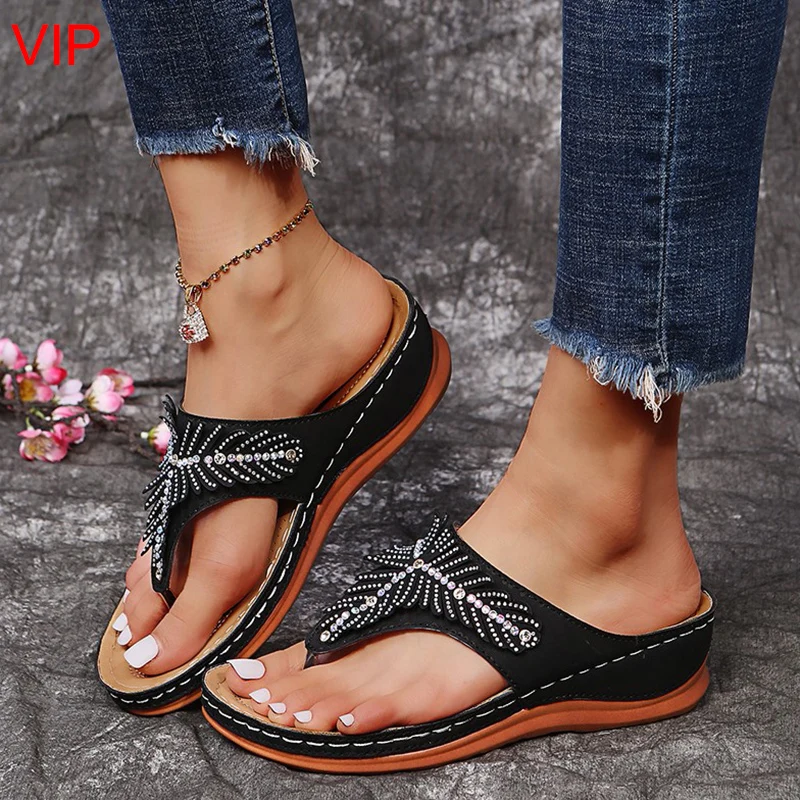 

VIP Link Summer Wedge Women Flip Flops 2022 Clip Toe Crystal Platform Slippers Woman Plus Size Non-slip Med Heel Slides Shoes