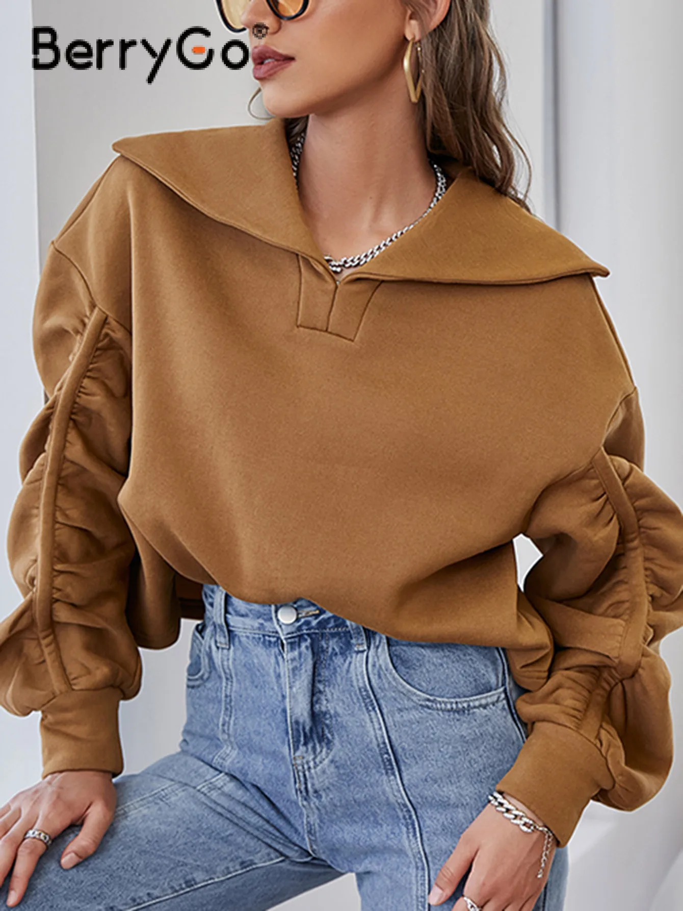 

BerryGo Fashion long ruched puff sleeve square collar short hoodie women Casual oversize sweatshirt hoodie Solid khaki hoodie