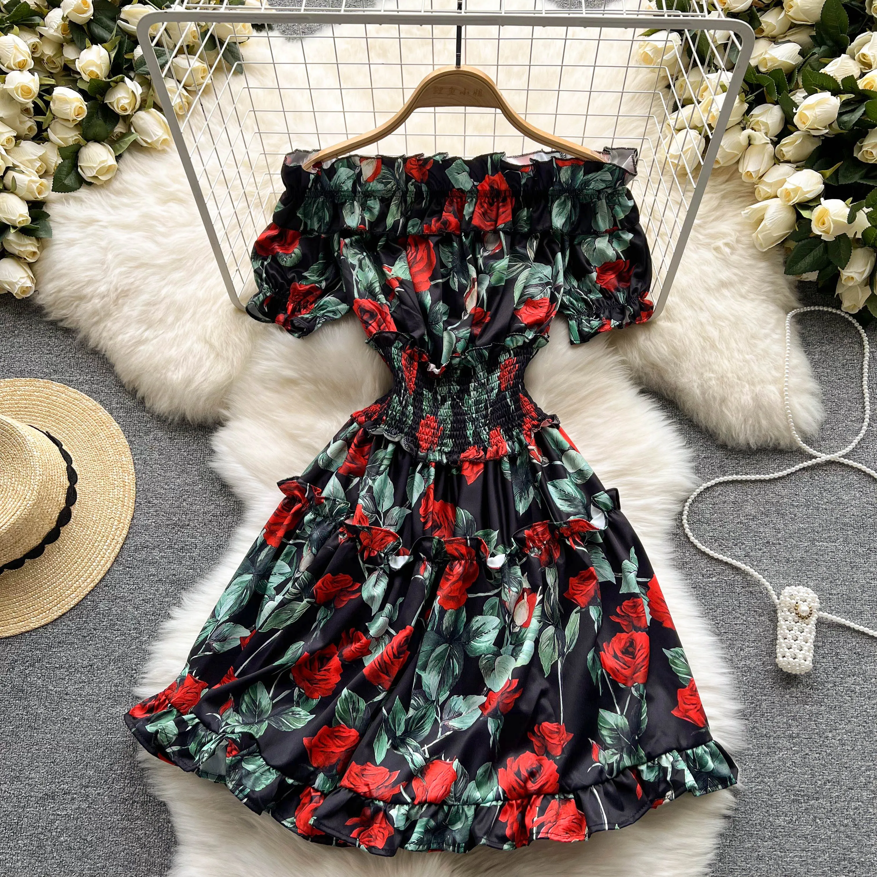 

Женское мини-платье с вырезом лодочкой, Повседневное платье с коротким рукавом, поясом на резинке и оборками, лето, E581