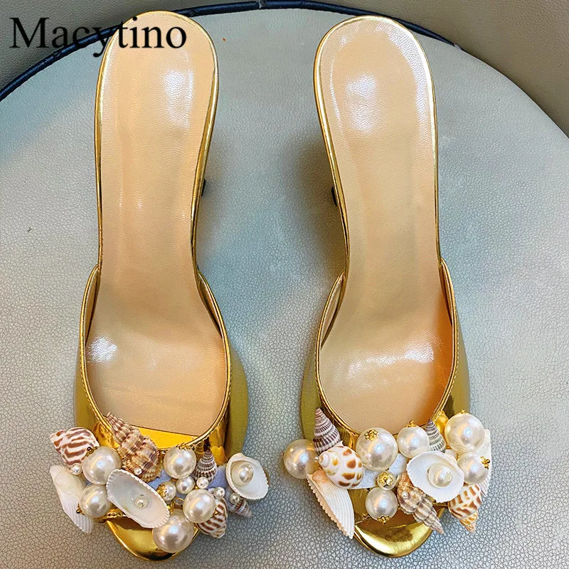 Conch Decoration Ladies High Heel Slippers Round Toe Flamingo Heel High Heel Slippers Fashion Party High Heel Slippers images - 6