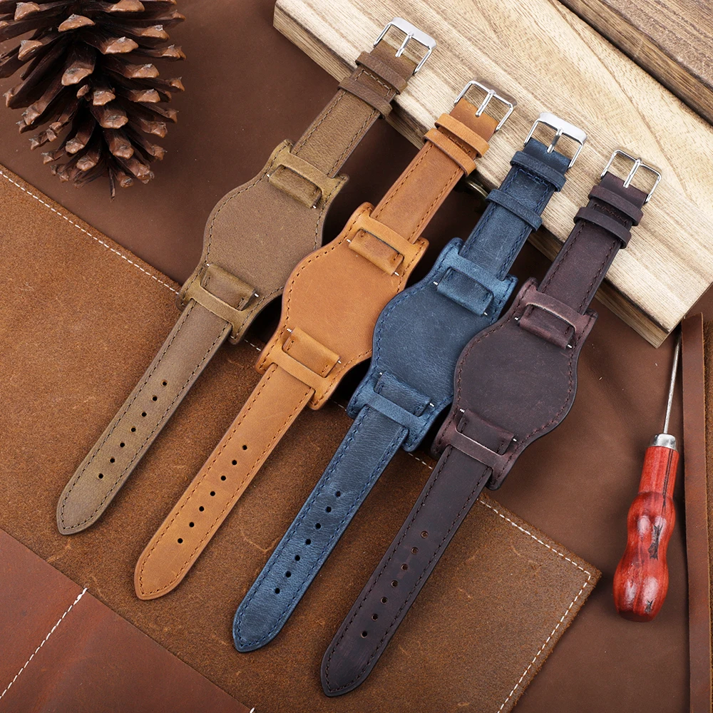 Retro Handmade Men's Wrist Watch Band 18mm 19mm 20mm 21mm 22mm Leather Cuff Watch Strap Business Watch Band Universal